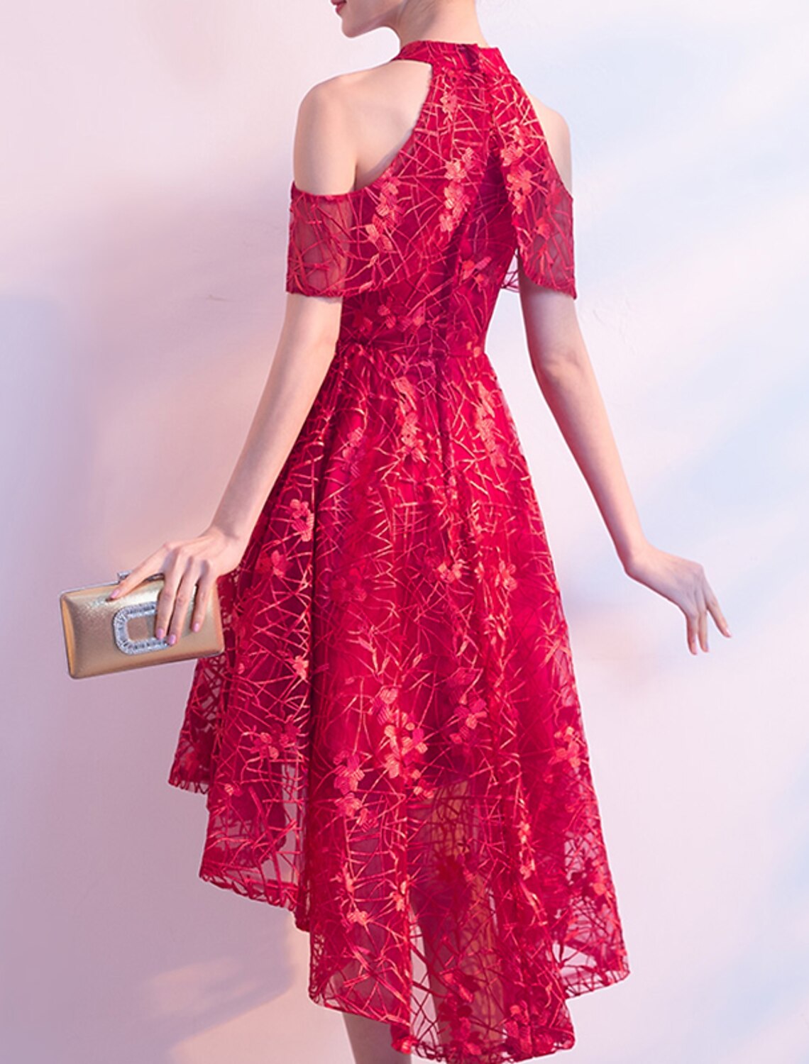 Wholesale A-Line Cocktail Dresses Minimalist Dress Wedding Guest Party Wear Asymmetrical Short Sleeve Jewel Neck Tulle with Pleats Pattern / Print